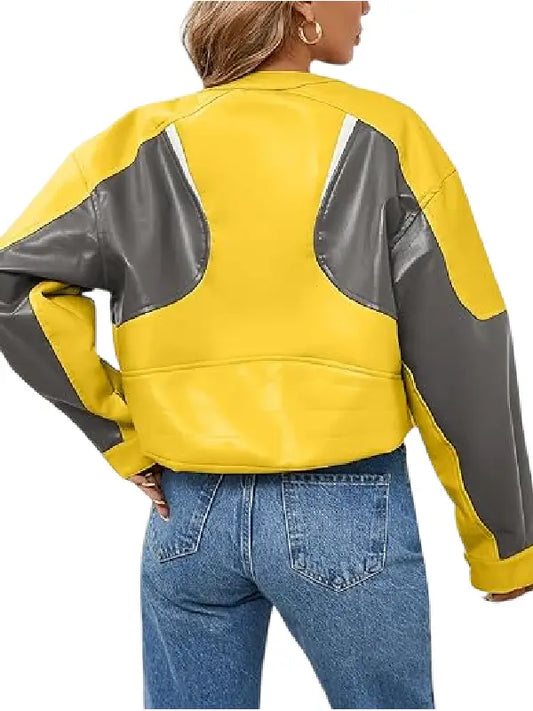 Women’s Yellow and Gray Cropped Leather Biker Jacket