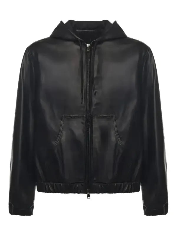 Men’s Black Real Leather Hooded Zip-Up Jacket | Premium Casual Outerwear