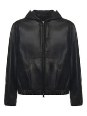 Men’s Black Real Leather Hooded Zip-Up Jacket | Premium Casual Outerwear