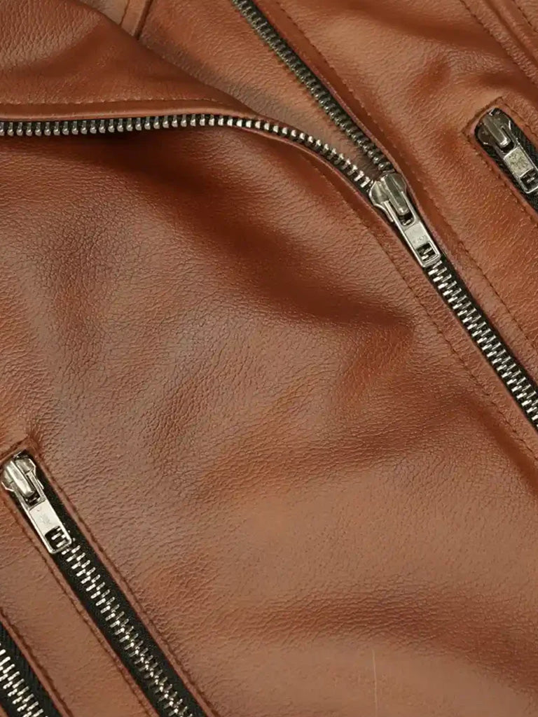 Biker Lapel Style Brown Leather Jacket