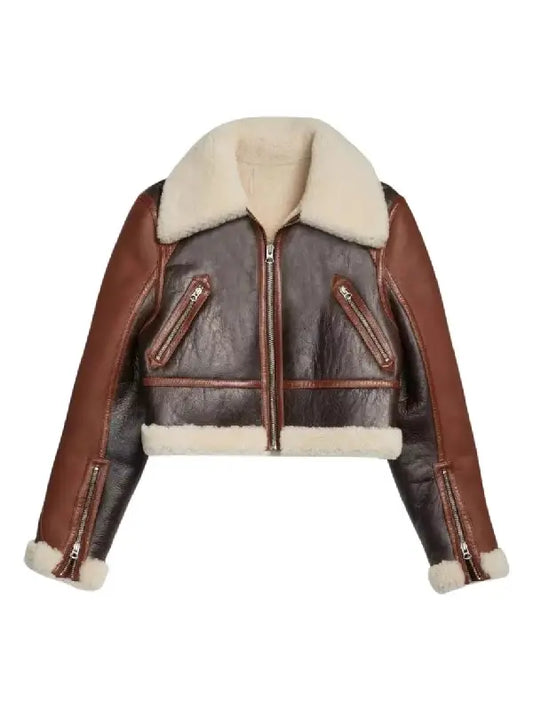 Women’s Brown Cropped Shearling Leather Jacket