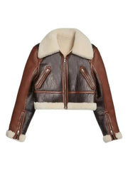 Women’s Brown Cropped Shearling Leather Jacket