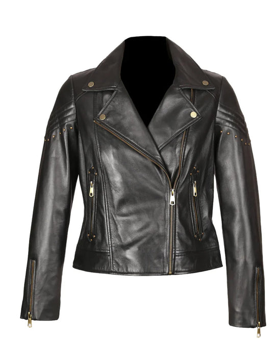 Womens Black Biker Style Real Leather Jacket