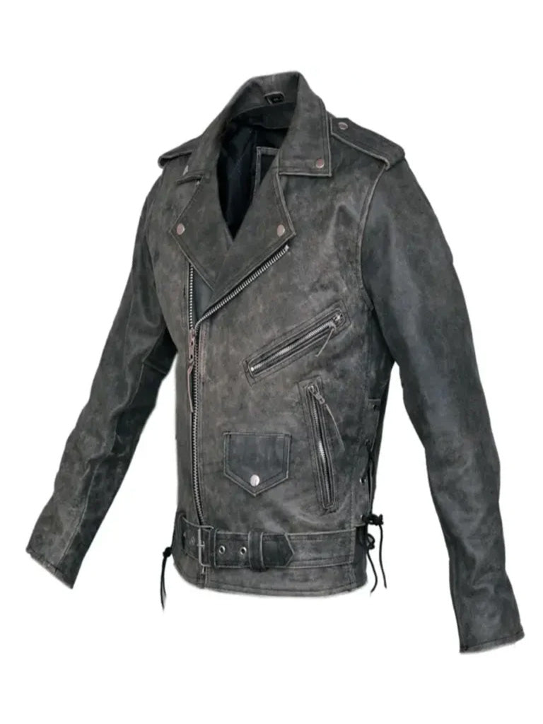 Distressed Leather Belted Biker Jacket