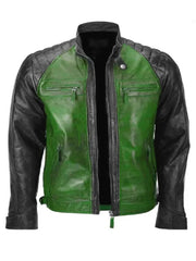 Green and Black Quilted Biker Leather Jacket