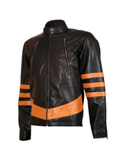 Orange Stripes Black Biker Leather Jacket