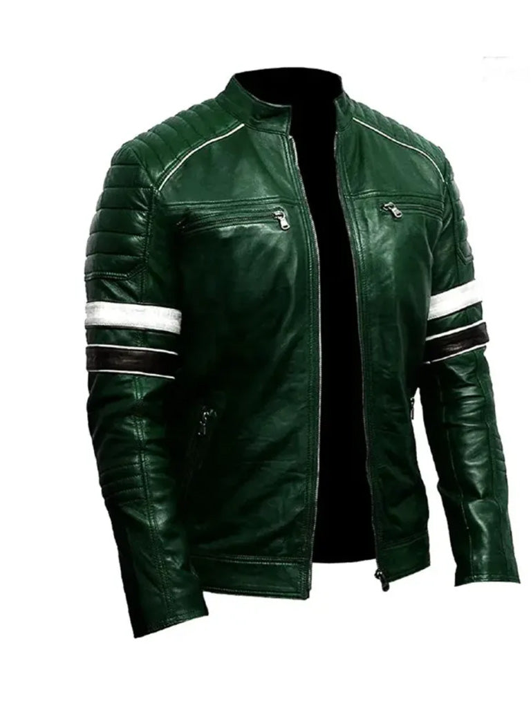 Dark Green with White Stripe Vintage Leather Jacket