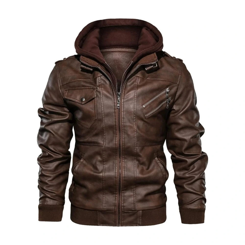 Brown Bomber Hooded Leather Jacket