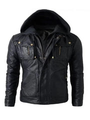 Black Hooded Style Biker Leather Jacket