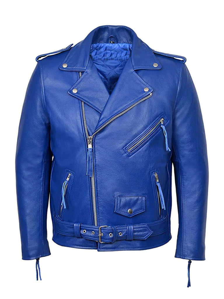 Blue Biker Style Genuine Leather Jacket