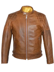 Brown Quilted Cafe Racer Genuine Leather Jacket