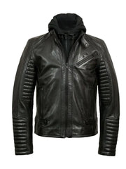 Black Hooded Bold Lined Biker Leather Jacket