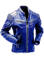 Dark Blue Cafe Racer Leather Jacket