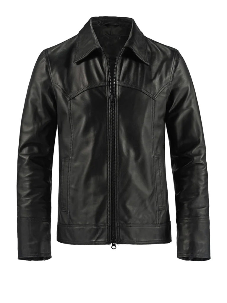 Black Shirt Style Bold Lined Genuine Leather Jacket