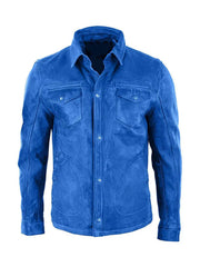 Blue Shirt Collar Leather Jacket