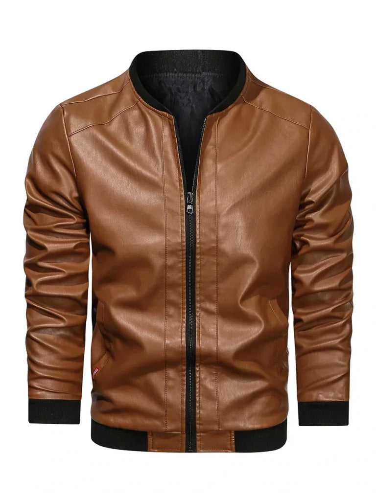 Tan Brown Rib Knitted Leather Jacket