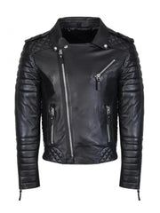 Black Biker Style Quilted Lambskin Leather Jacket