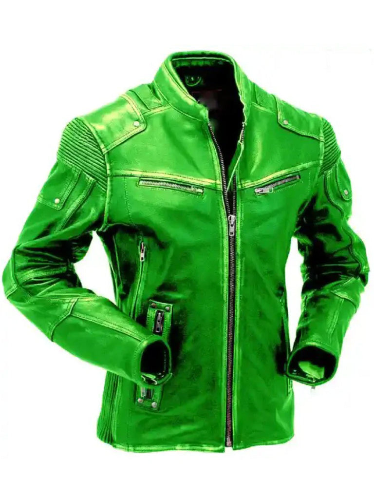 Green Motorcycle Vintage Leather Jacket With Skull