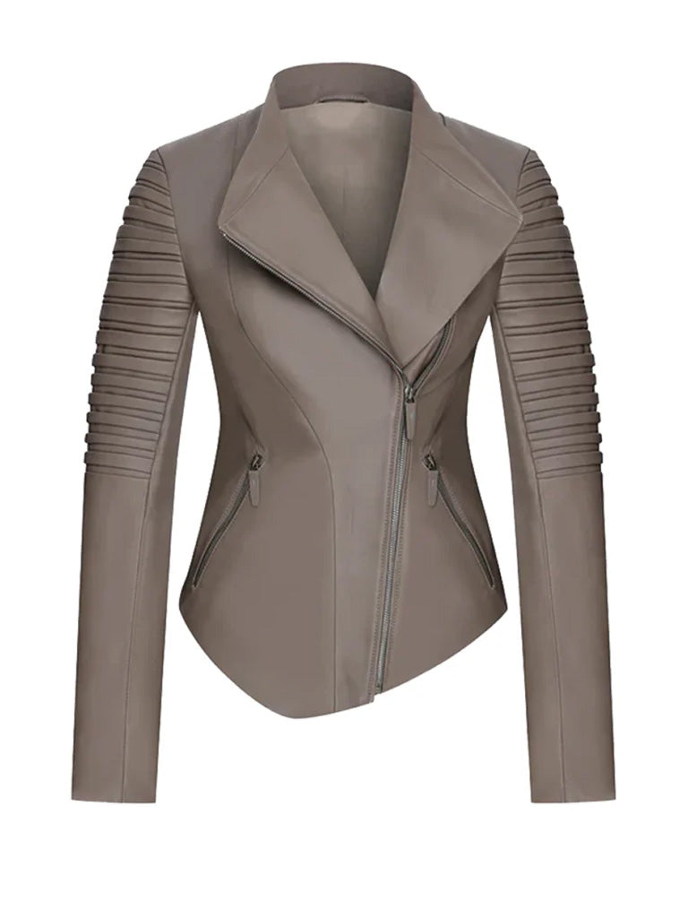 Grey Round Shape Genuine Leather Jacket