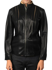 Black Biker Stand Collar Genuine Leather Jacket