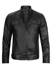 Dodge Black Leather Cafe Racer Jacket