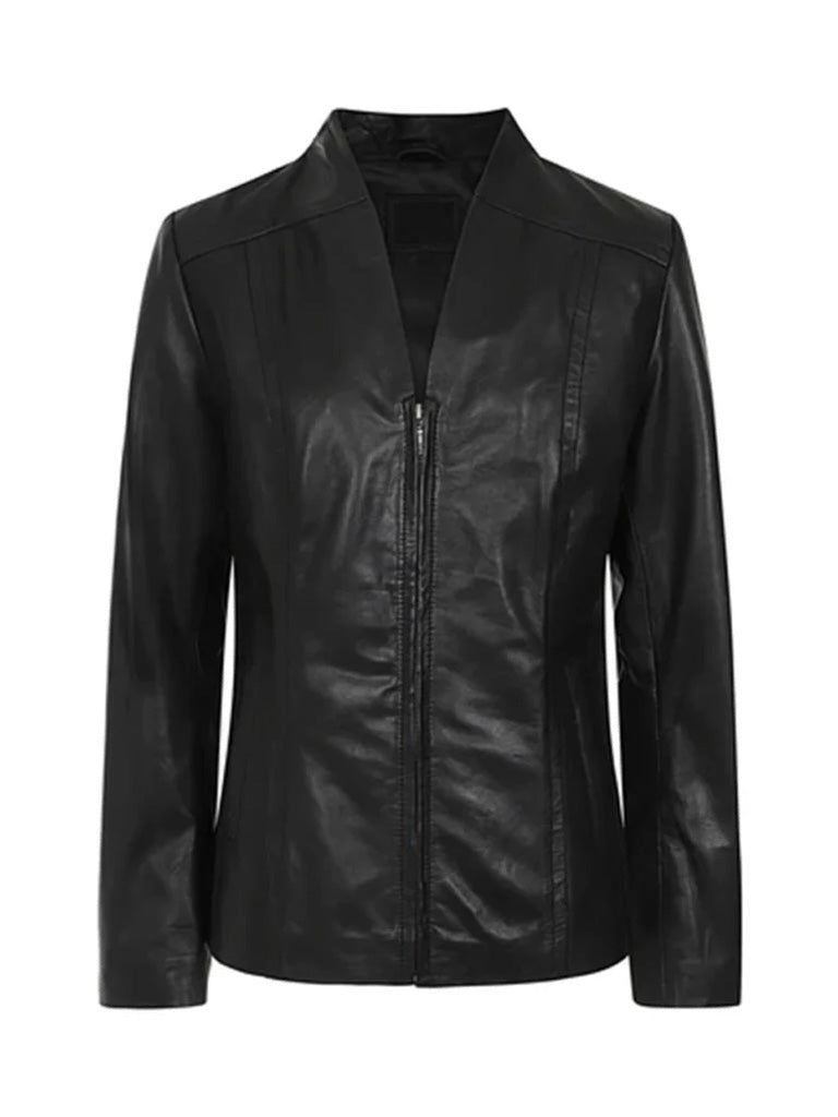 Short Round Collar Style Leather Jacket