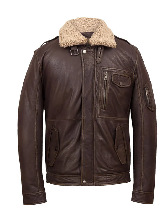 Men’s Shearling Collar Distressed Brown Leather Jacket