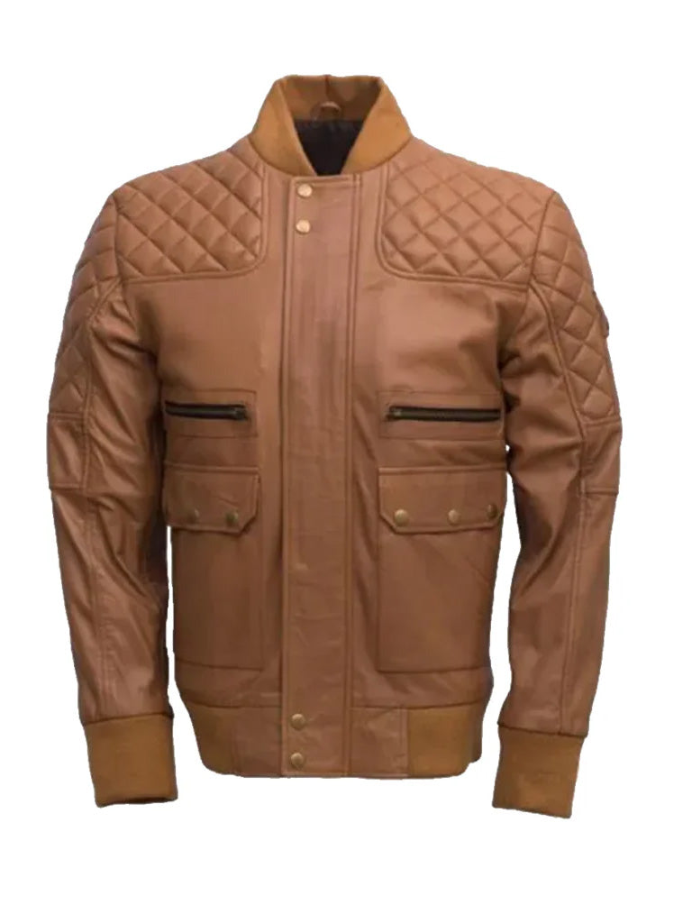 Tan Brown Quilted Bomber Leather Jacket