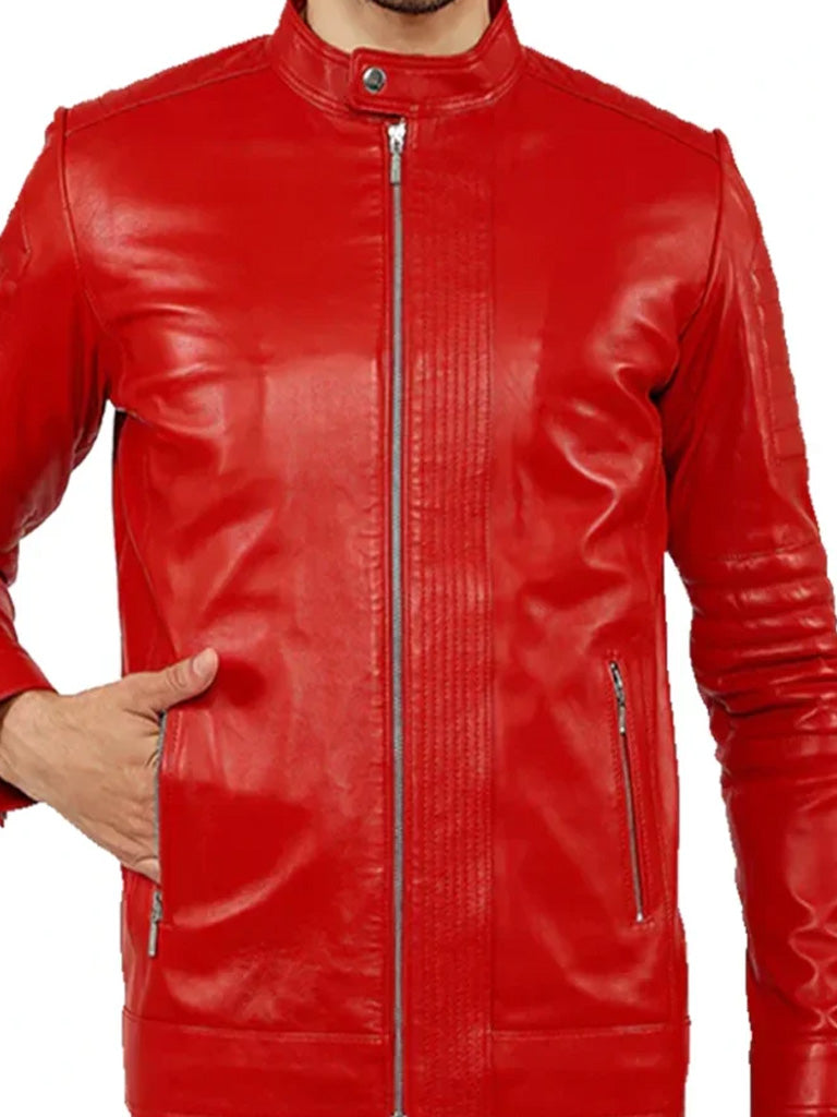 Red Biker Motorcycle Cafe Racer Premium Quality Leather Jacket