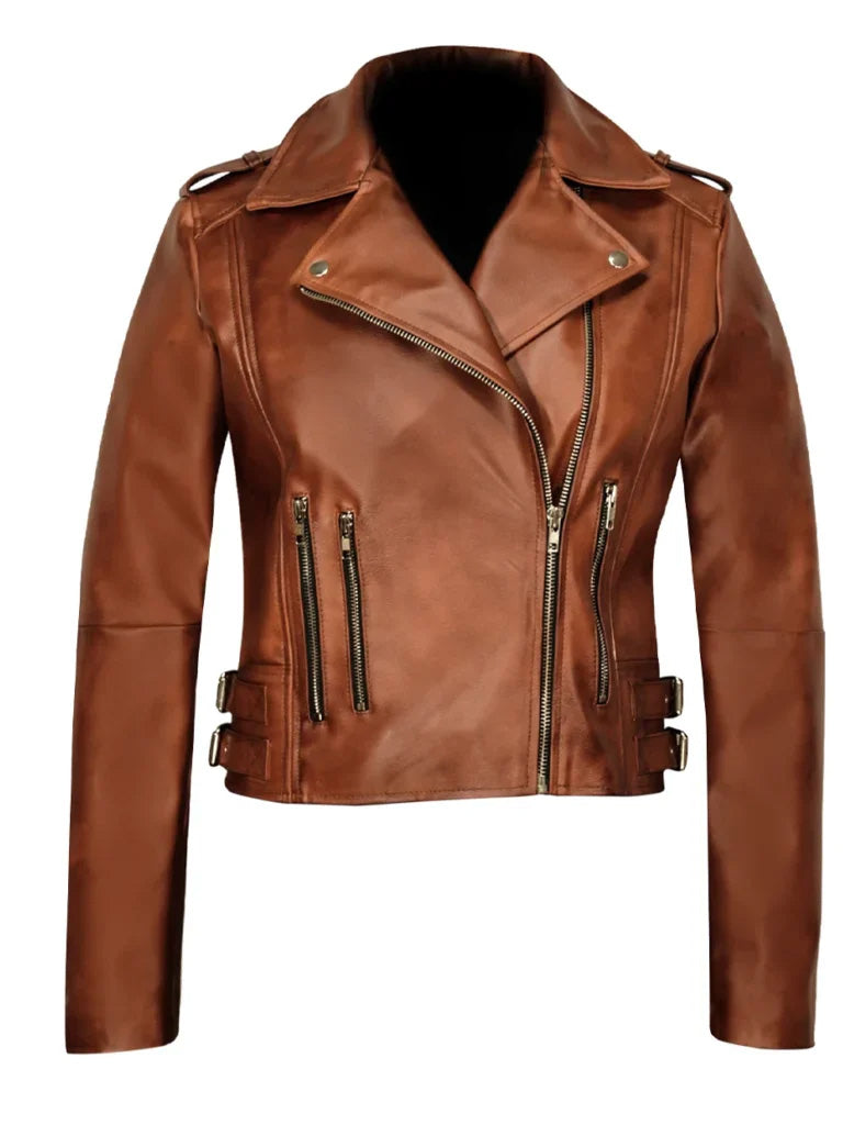 Biker Lapel Style Brown Leather Jacket