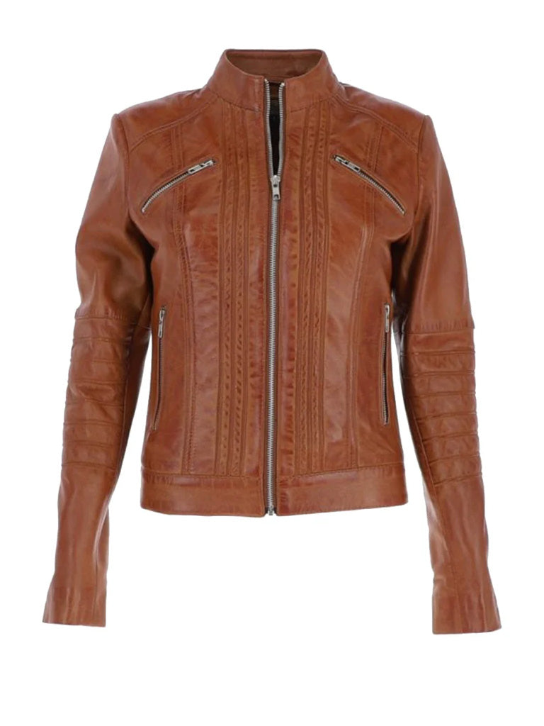 Stand Collar Genuine Leather Jacket