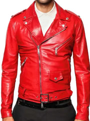 Motorcycle Belted Asymmetrical Red Leather Jacket