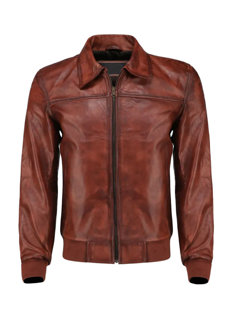 Cognac Brown Shirt Style Bomber Leather Jacket