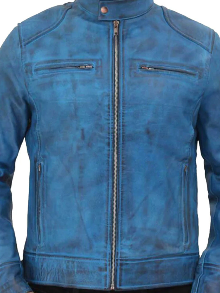 Sky Blue Motorcycle Style Leather Jacket