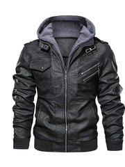 Black Real Leather Jacket with Removable Hood