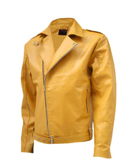 Yellow Lapel Biker Style Leather Jacket