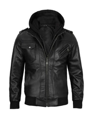 Black Leather Jacket with Removable Hoodie