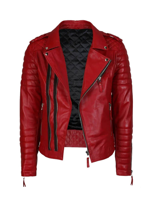 Double Breasted Red Leather Biker Jacket