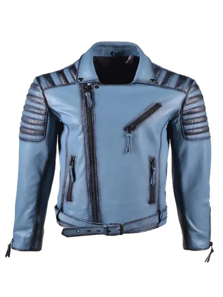 Vintage Mens Biker Style Blue Leather Jacket