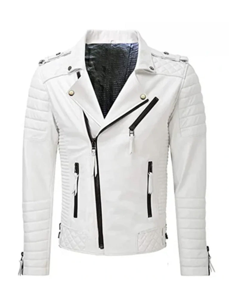 White Biker Style Quilted Leather Jacket