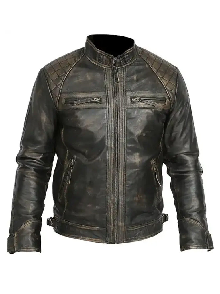 Distressed Brown Quilted Leather Jacket