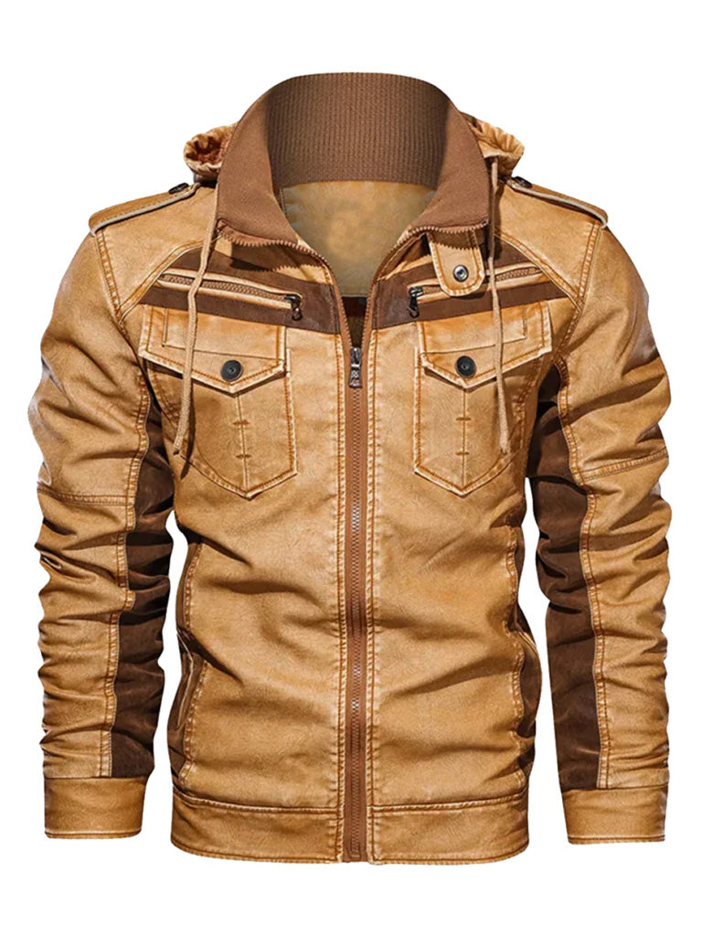 Brown Hood Style Biker Real Leather Jacket