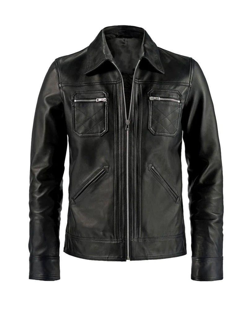 Black Shirt Style Biker Leather Jacket