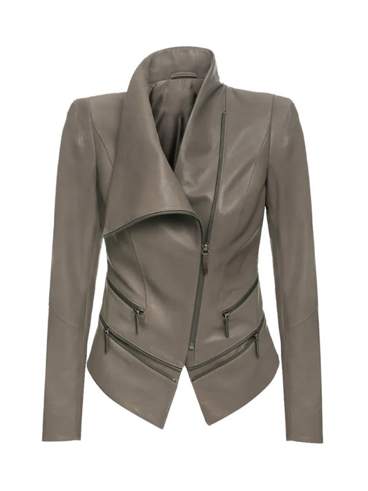 Grey Lapel Biker Leather Jacket