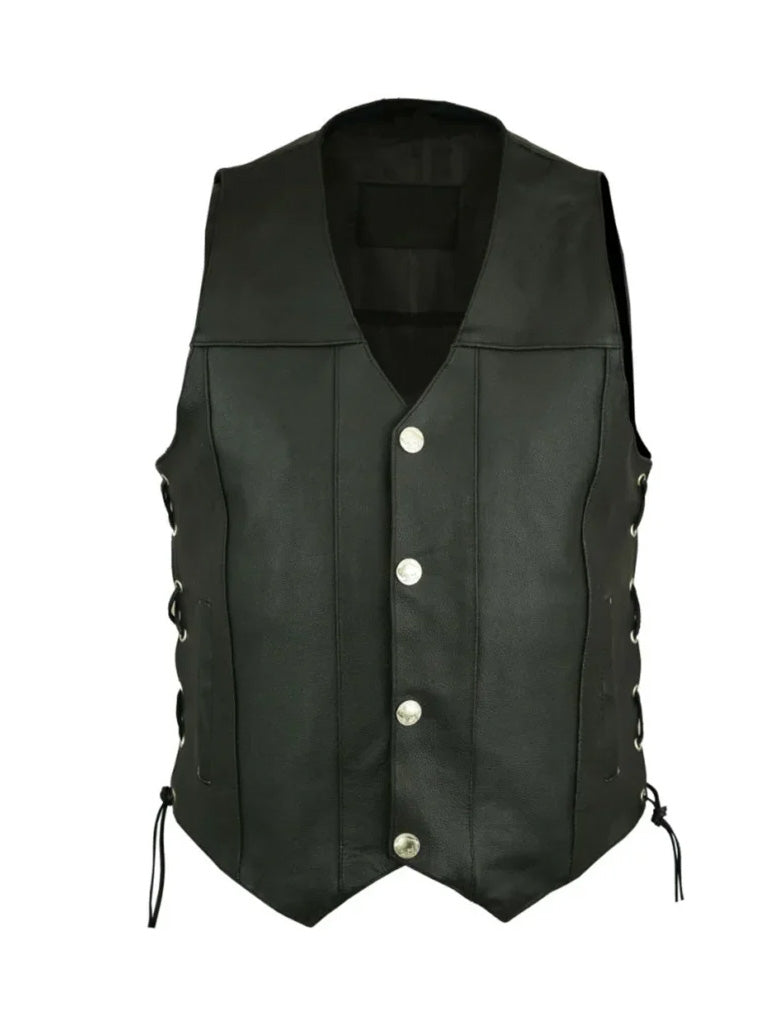 Black Biker Style Side Laced Up Leather vest