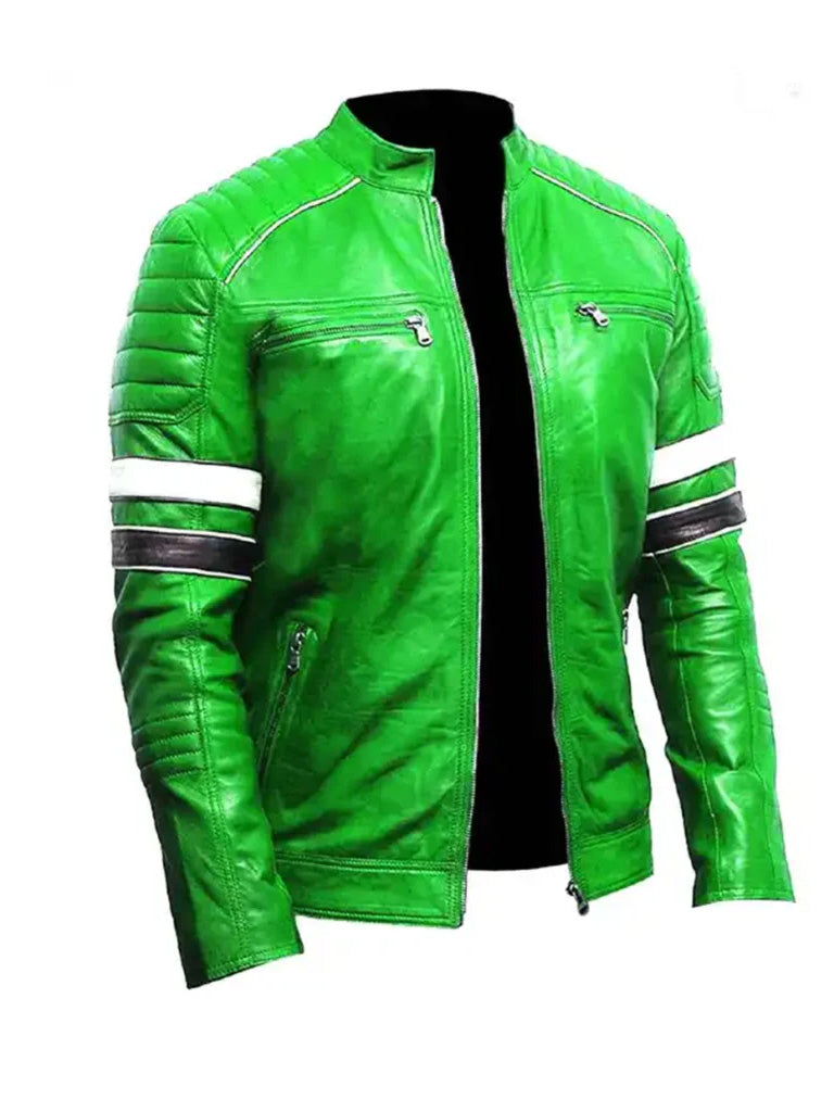 Green Retro Biker Genuine Leather Jacket