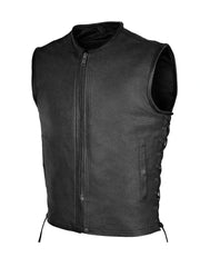 Collarless Black Genuine Leather Vest