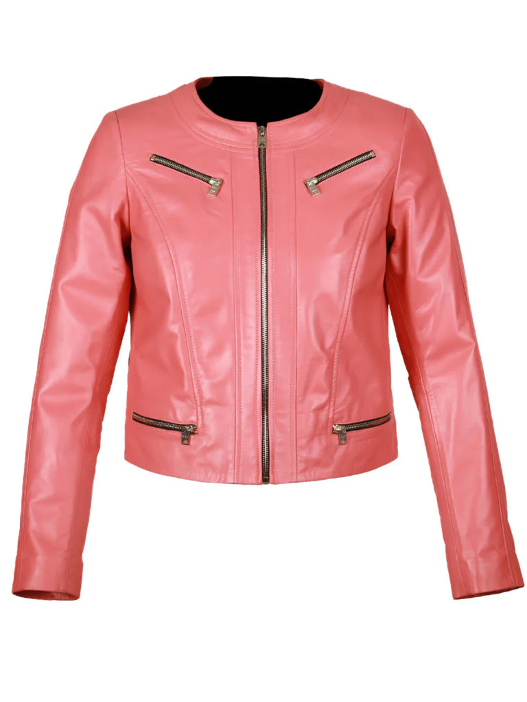 Pink Collar Less Genuine leather Jacket