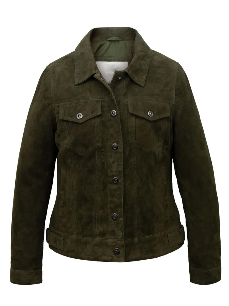 Trucker Style Green Suede Leather Jacket