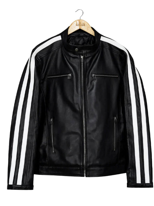 White Stripes Black Biker Leather Jacket